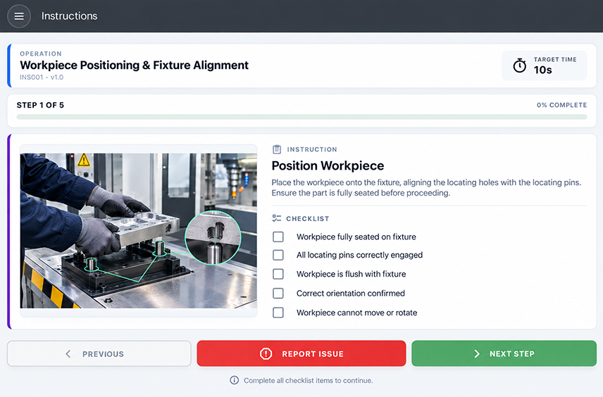 Screenshot of a guided work instruction app showing a step-by-step fixture alignment checklist with a reference photo